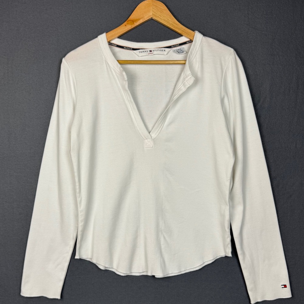 Tommy Hilfiger Jeans Top Womens Large White Split V-Neck Ribbed Tee Y2K Preppy